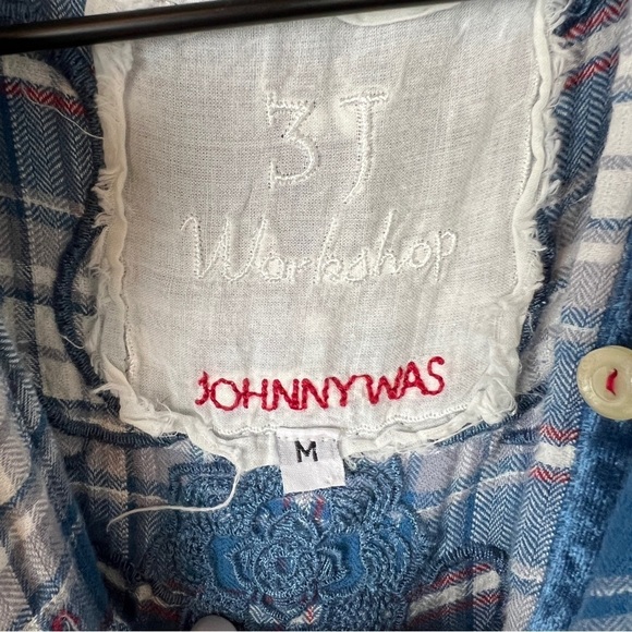 Johnny Was Embroidered Blue Plaid Button Down Blouse - Picture 4 of 5